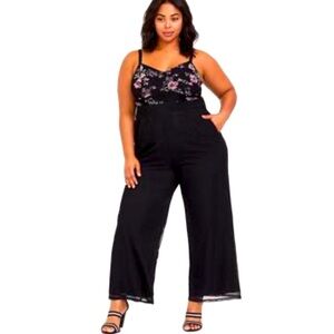 Torrid plus size 3x 3 22/24 mesh floral black ack pink jumpsuit smocked sexy